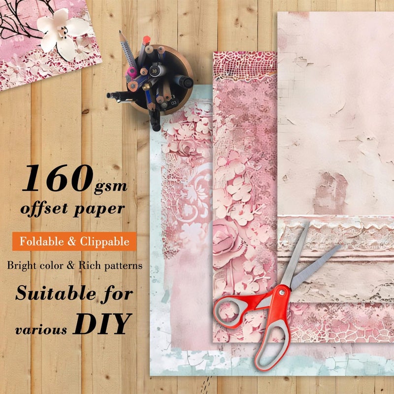 EAMOTOL 6 Inch Retro Pink Scrapbooking Paper Pad - 24 Sheets Double Sided Aesthetic Design Cards Paper for Photos Album Journals Material Decorative Collage Origami DIY Crafts Gifts Wrapping - Image 3